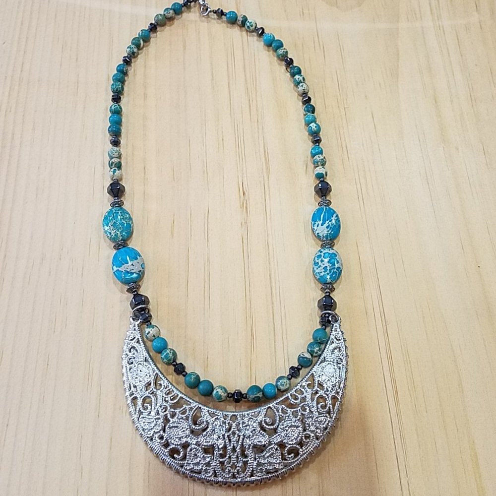 Blue Marble Gemstone Necklace with Silver Accent